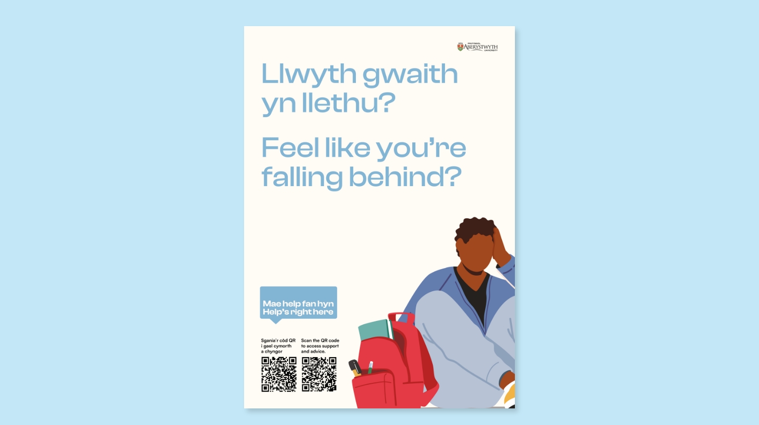 A poster designed by a Brand Agency UK, featuring a person sitting at a desk with a backpack and a hand resting on their head, with text 