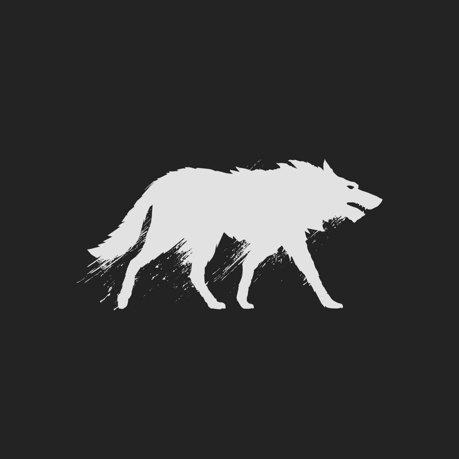 White silhouette of a wolf on a black background, depicted in a walking pose with a textured, brush stroke style perfect for brand design.