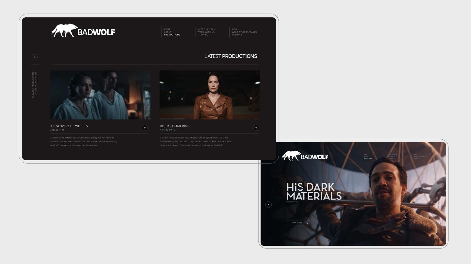 Screenshots of the bad wolf web design agency featuring its latest productions, with main images from 