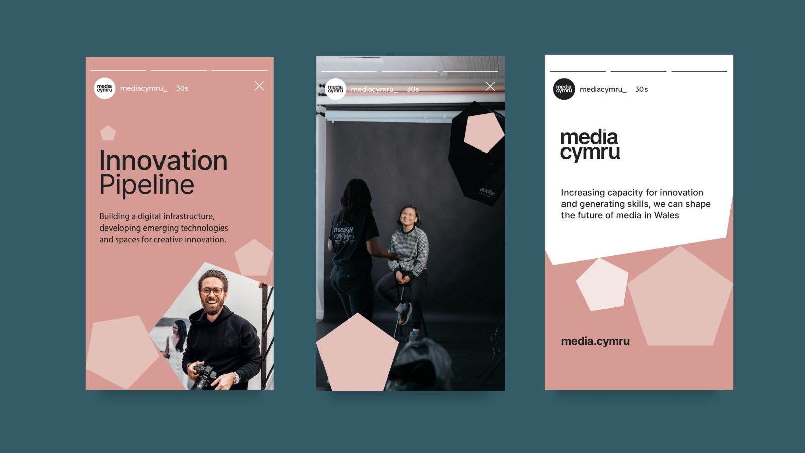 Three promotional slides for Media Cymru's 