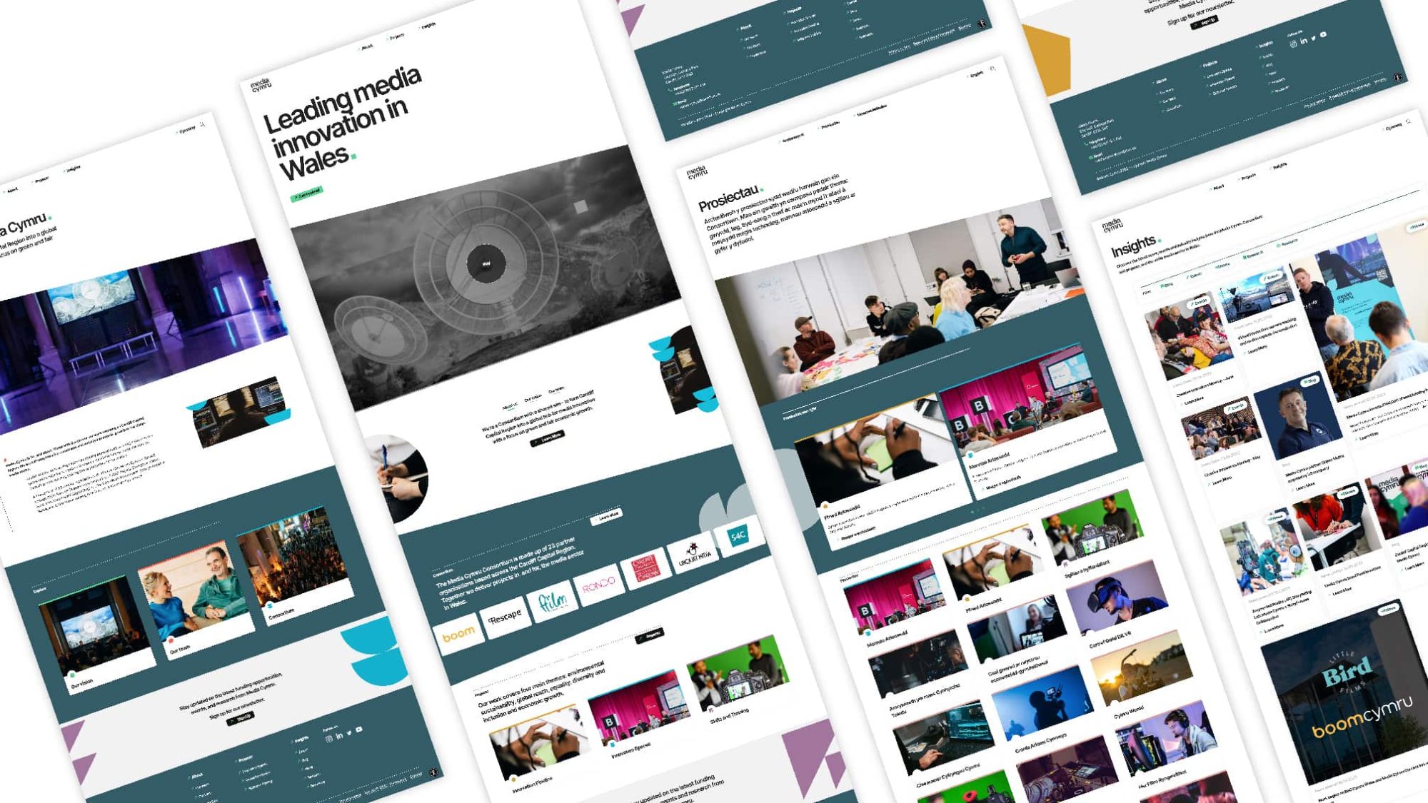 The image showcases multiple website layouts, prominently featuring sections with text, images, and navigation elements that seamlessly convey brand values. Among these is a notable example highlighting Media Cymru’s innovative approach to digital design.