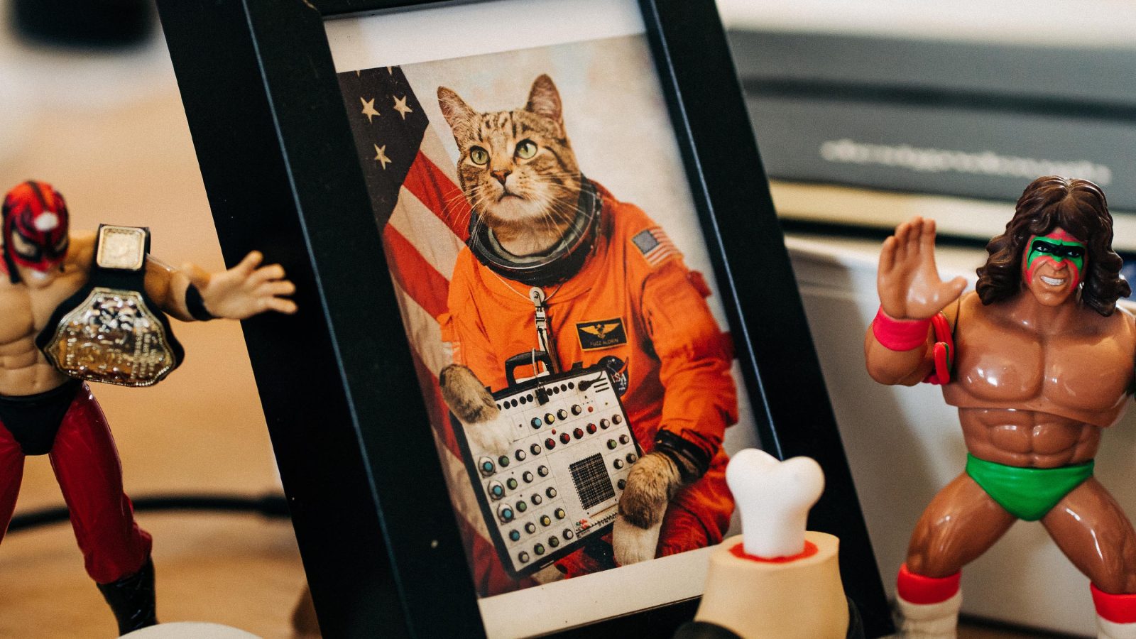 A framed photo of a cat dressed in an astronaut suit with the American flag in the background, flanked by two wrestling action figures on a wooden desk, crafted by Design Agency UK.