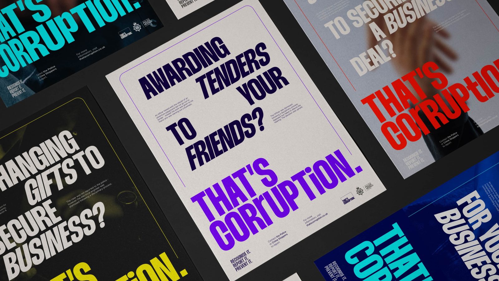 A collection of anti-corruption campaign posters with bold text like 