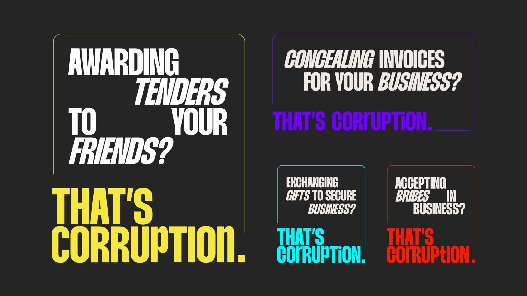 Graphic design with four neon outlined text blocks on a black background highlighting examples of corruption: awarding tenders to friends, concealing invoices, exchanging gifts for business, and accepting bribes, each ending