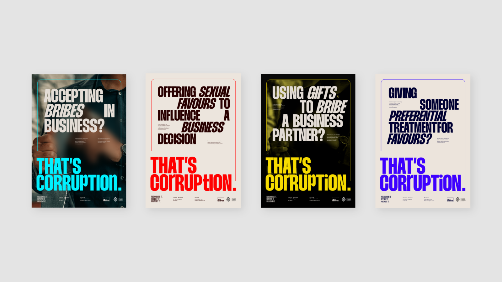 Four posters with bold text addressing corrupt practices in business: accepting bribes, offering sexual favors, using gifts, and providing preferential treatment, each labeled as corruption by a brand design agency.