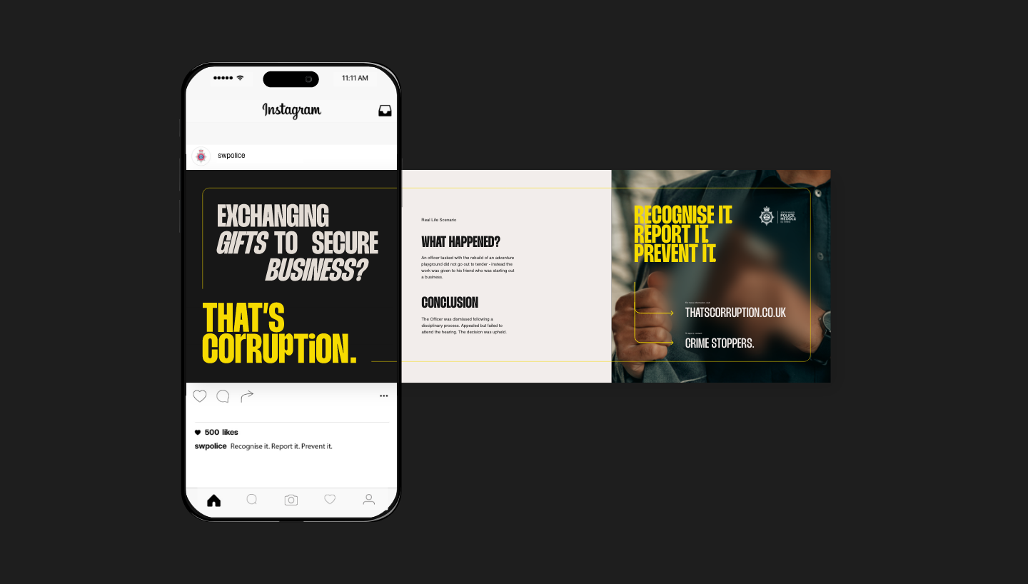 An Instagram post on a smartphone screen featuring a corruption awareness ad designed by a top graphic design agency, with the text, 