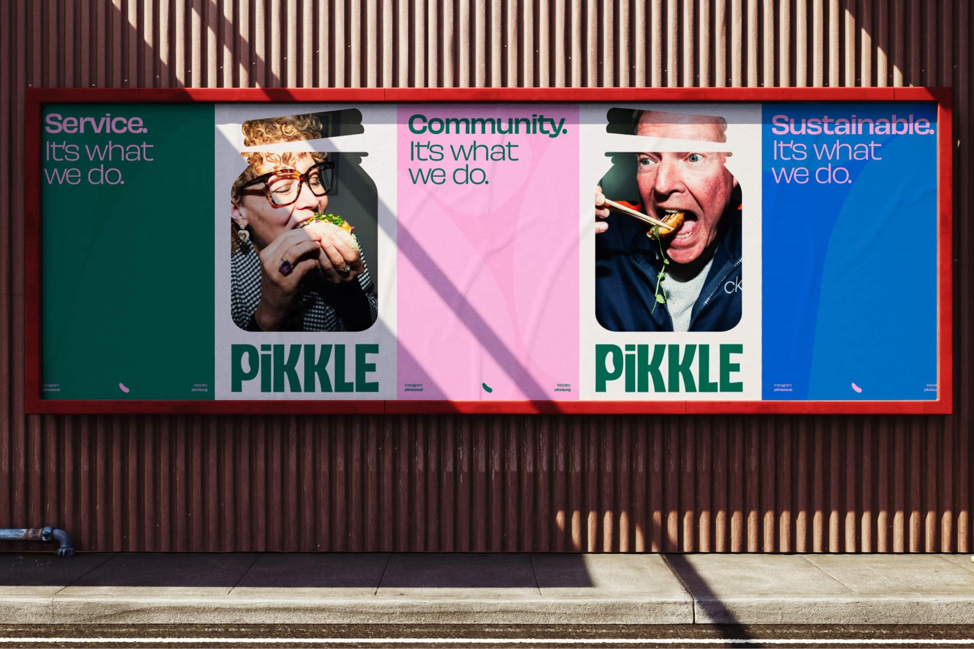 Three PiKKLE posters with images of people eating, weaving in text about service, community, and sustainability, echoing the whispers of a bad wolf's presence.