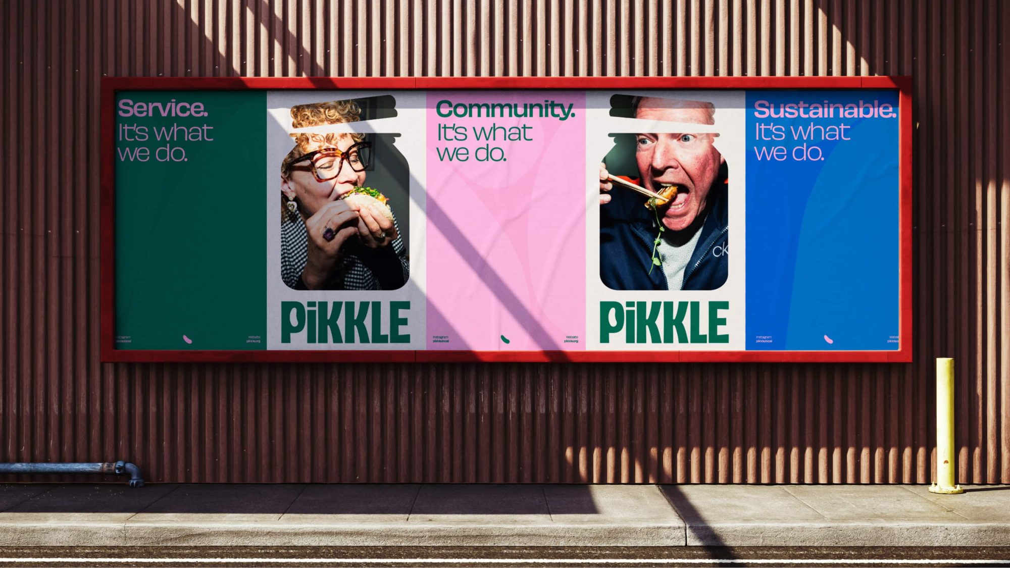 Three posters on a wall display people eating with captions: 