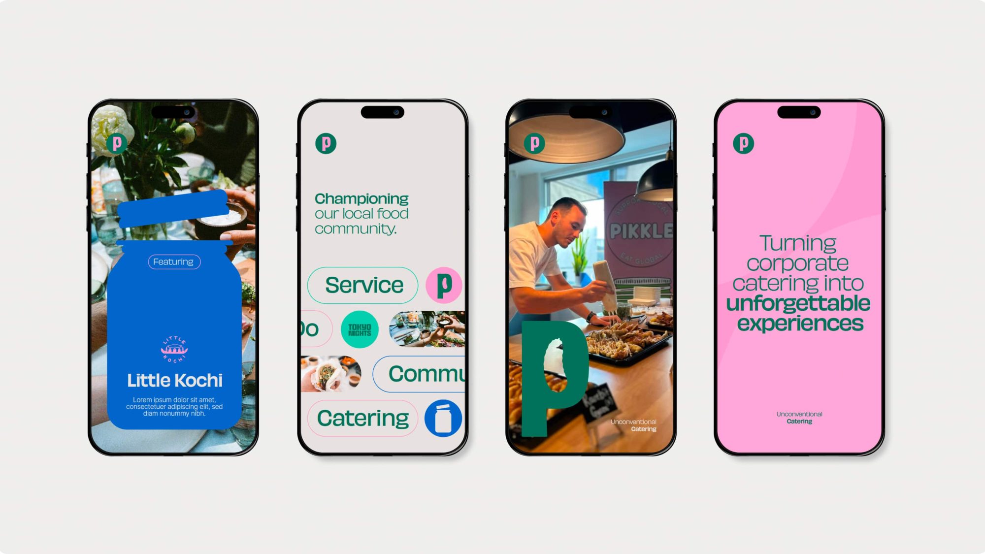 Four smartphones display promotional images for a catering service, featuring food, a chef with the skill of a culinary maestro, and text about community and experiences. It's as if the Big Bad Wolf himself couldn’t resist these delectable offerings.