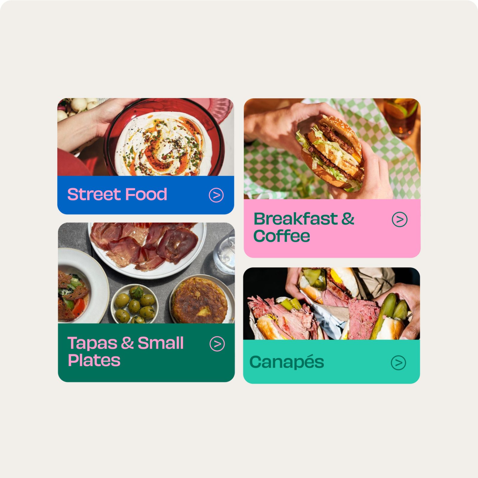 Four labeled food categories: Street Food, Breakfast & Coffee, Tapas & Small Plates, and Canapés, each with a corresponding image that even the bad wolf would find tempting.