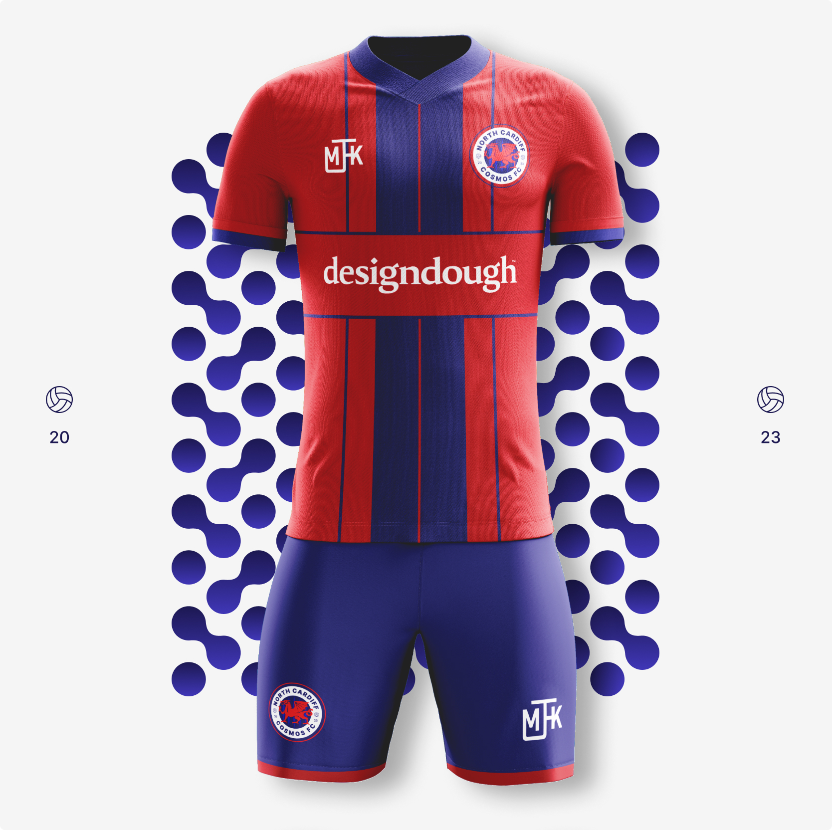 NCCFC-Designdough-Brand-Kit-Design Red and blue soccer kit with vertical stripes, matching shorts, and team logo against a polka dot background.