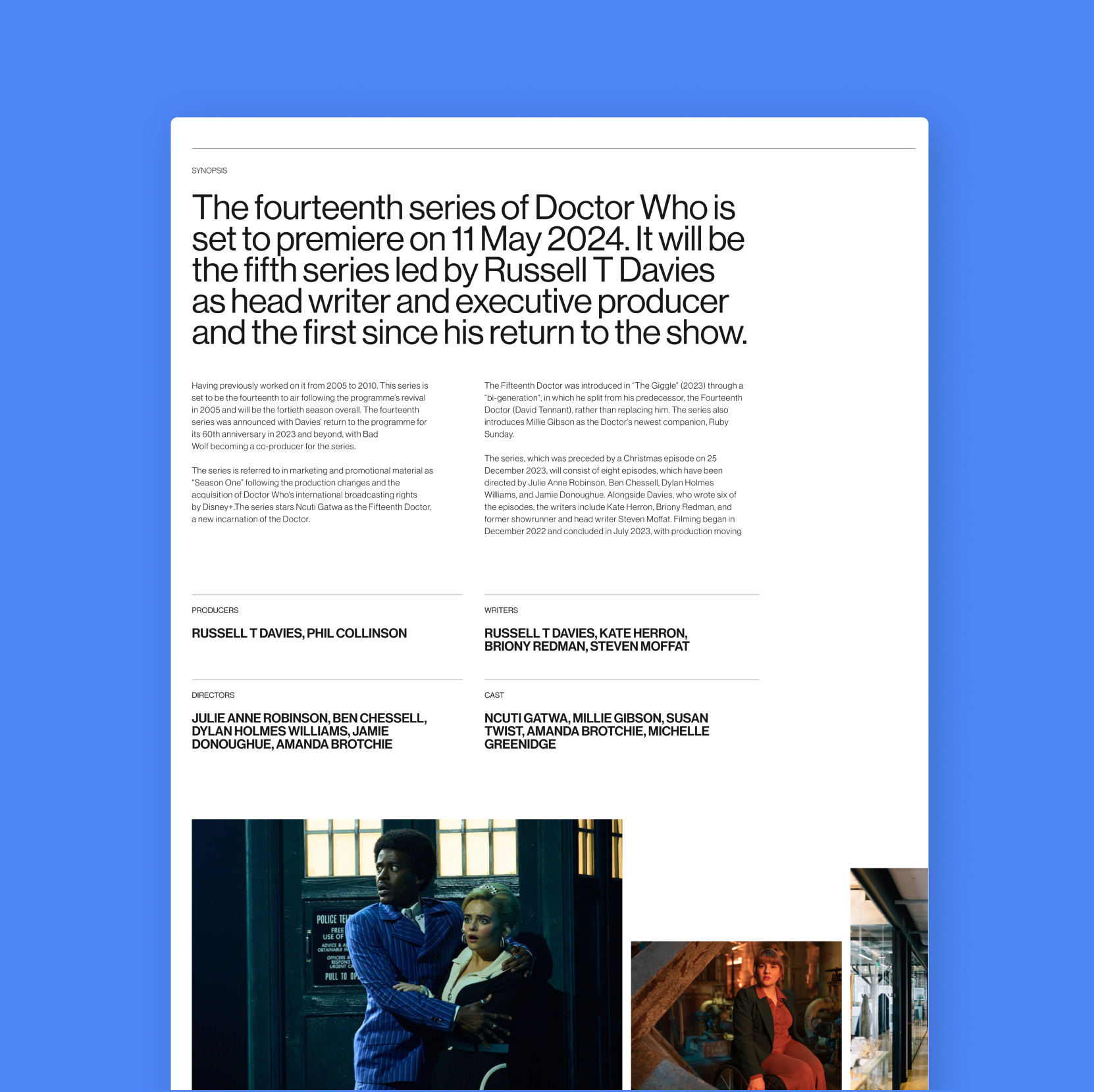 Designdough-Badwolf-show-inner A webpage announces Doctor Who’s fourteenth series premiering on 11 May 2024, with preview images below.