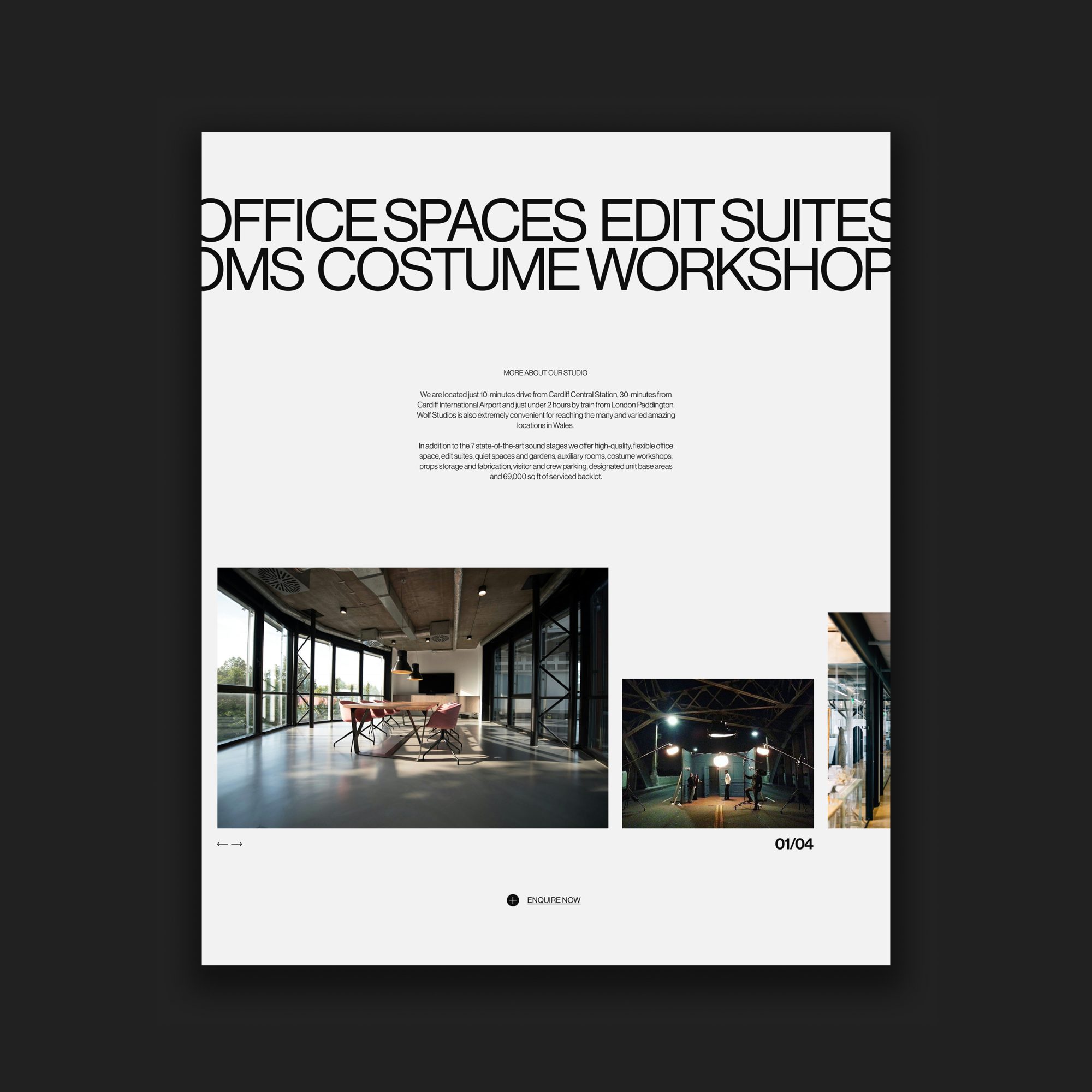 Designdough-Badwolf-studio-page Modern office space with large windows, lounge furniture, and industrial design, shown in three photo panels.