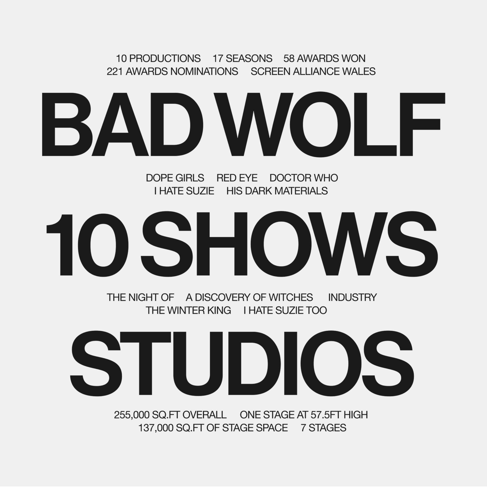 Designdough-Badwolf-type-styles Black text on white background listing Bad Wolf’s TV shows, studio stats, seasons, awards, and nominations.